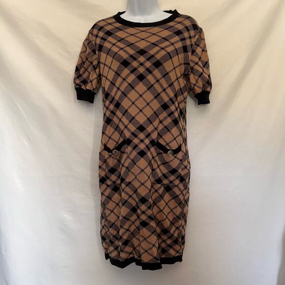 NY&C Knit Dress Sz M Argyle Preppy Dark Academia Plaid Cottagecore Puff Sleeve - Picture 13 of 13